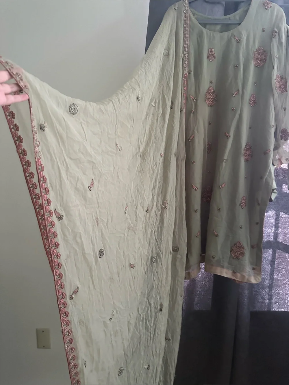 Pakistani Olive Green Embroidered kameez shalwar with Dupatta. Size XL